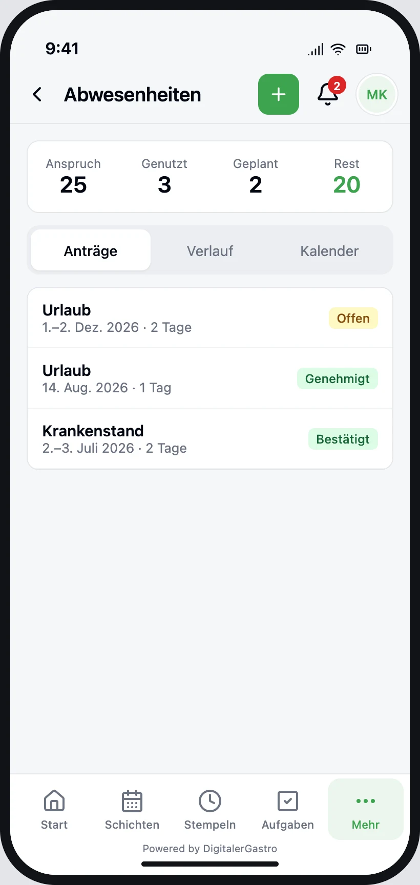 Companyapp: Urlaubssaldo und Abwesenheitsanträge
