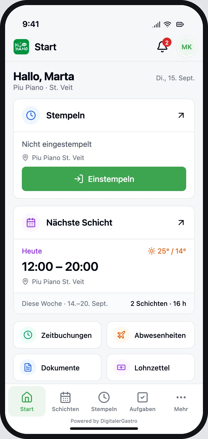 Companyapp: Mitarbeiter-Dashboard mit nächster Schicht und Schnellzugriffen