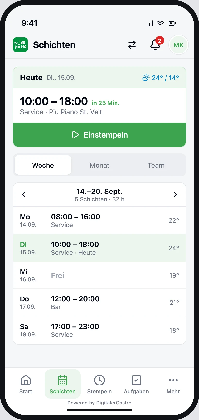 Companyapp: Wochenübersicht der Schichten mit Arbeitszeiten
